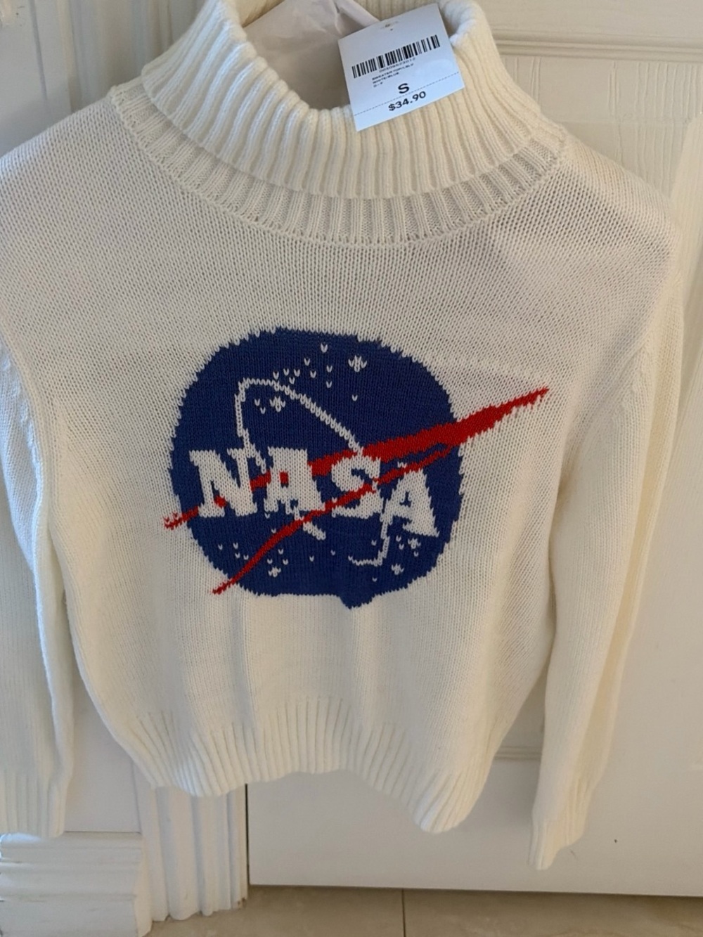 Forever 21 Cream Turtleneck Sweater with Blue & Red NASA Logo